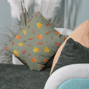 Fall Leaves Hunter Green Throw Pillow