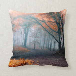 Fall Leaves in Foggy Woods Pillow