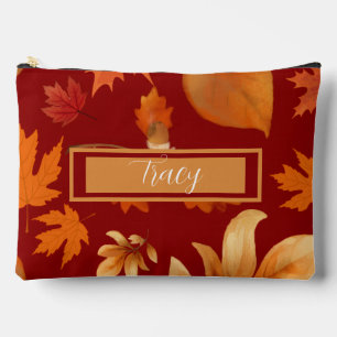 Fall leaves in red orange & gold pretty custom accessory pouch