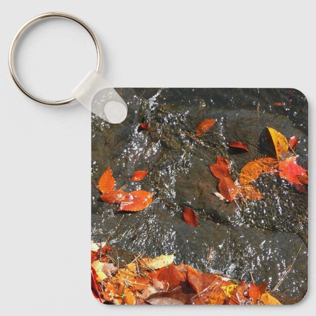 Fall Leaves in Waterfall I Autumn Photography Keychain (Front)