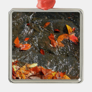 Fall Leaves in Waterfall I Autumn Photography Metal Ornament