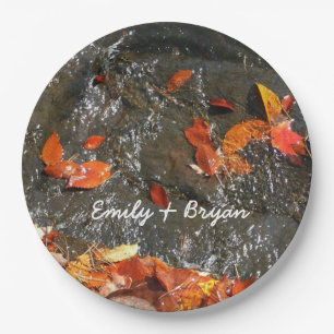 Fall Leaves in Waterfall I Autumn Photography Paper Plate