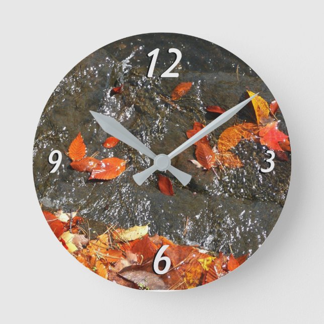 Fall Leaves in Waterfall I Autumn Photography Round Clock (Front)
