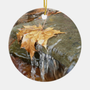 Fall Leaves in Waterfall II Autumn Photography Ceramic Ornament