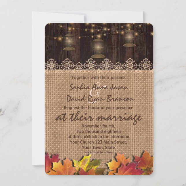 Fall Leaves Lace Burlap Wood Wedding Invitation (Devant)