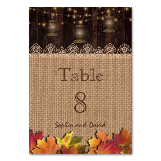 Fall Leaves Lace Burlap Wood Wedding Table Number (Front)