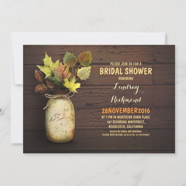 Fall leaves mason jar rustic bridal shower invites (Front)