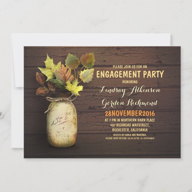 Fall leaves mason jar rustic engagement party invitation (Front)