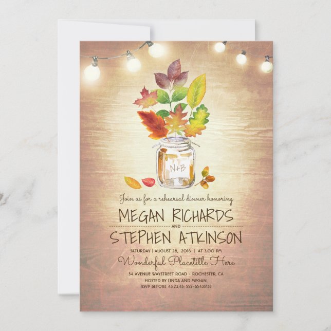 Fall Leaves Mason Jar Rustic Rehearsal Dinner Invitation (Front)
