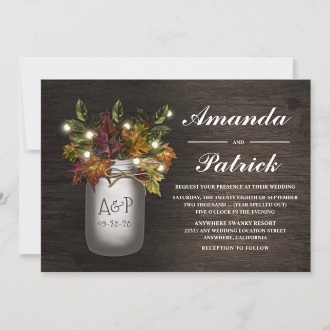 Fall Leaves Mason Jar Rustic Wedding Invitations (Front)