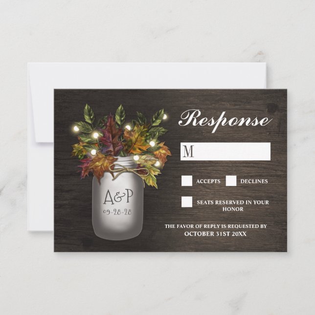 Fall Leaves Mason Jar Rustic Wedding RSVP Cards (Front)