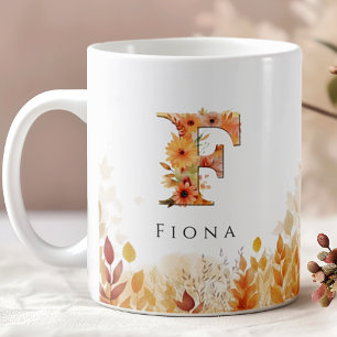 Fall Leaves Monogram Letter F with Name Coffee Mug