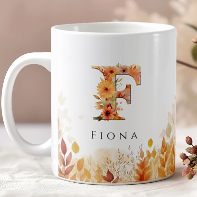 Fall Leaves Monogram Letter F with Name Coffee Mug (Creator Uploaded)