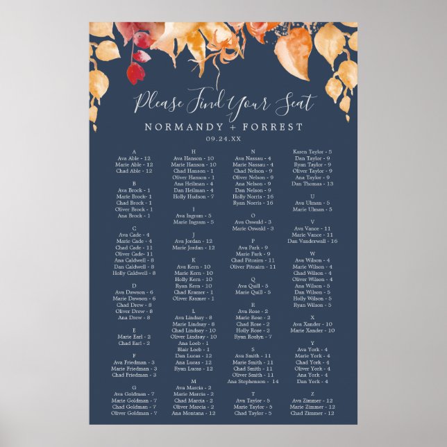 Fall Leaves | Navy Blue Alphabetical Seating Chart (Front)