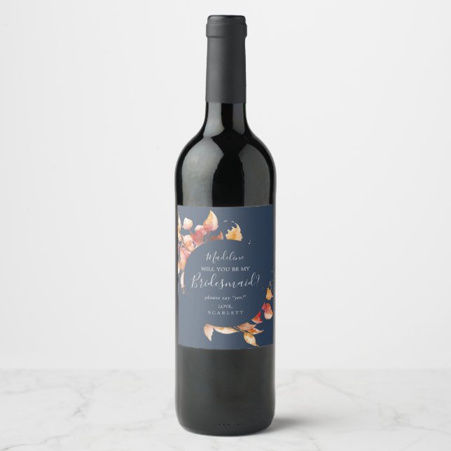 Fall Leaves | Navy Blue Bridesmaid Proposal Wine Label (Front)
