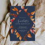 Fall Leaves | Navy Blue & Burgundy 40th Birthday Invitation<br><div class="desc">This fall leaves navy blue and burgundy 40th birthday invitation is perfect for an October birthday party. The modern rustic design features stunning hand painted watercolor autumn leaves in colourful shades of yellow,  burnt orange,  and burgundy red which pops on a navy blue background.</div>