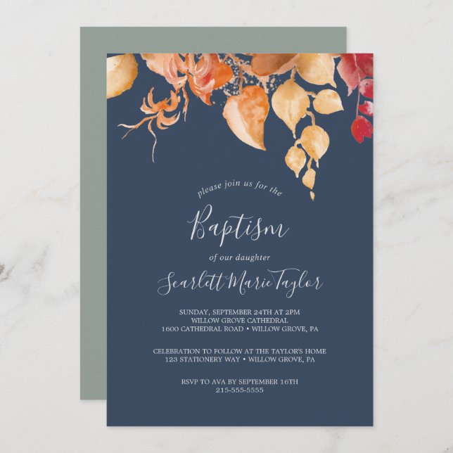 Fall Leaves | Navy Blue & Burgundy Baptism Invitation (Front/Back)