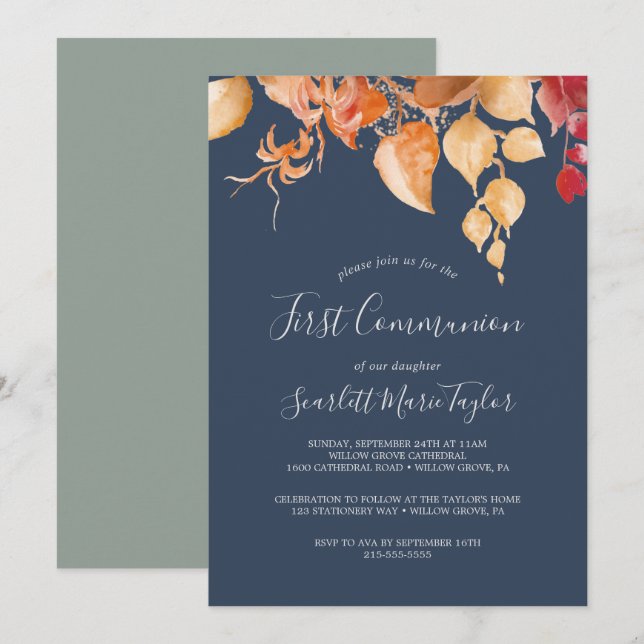 Fall Leaves | Navy Blue & Burgundy First Communion Invitation (Front/Back)
