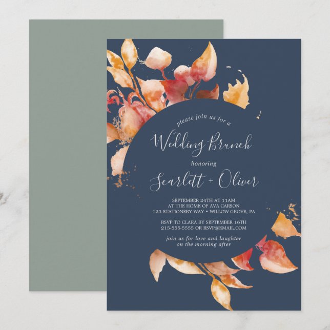 Fall Leaves | Navy Blue & Burgundy Wedding Brunch Invitation (Front/Back)