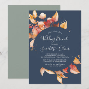 Fall Leaves Navy Blue & Burgundy Wedding Brunch Invitation