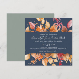 Fall Leaves   Navy Blue Casual Square Wedding Invitation