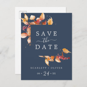 Fall Leaves   Navy Blue Save the Date Postcard