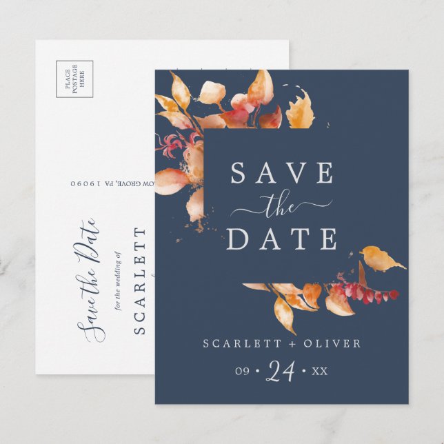 Fall Leaves | Navy Blue Save the Date Postcard (Front/Back)