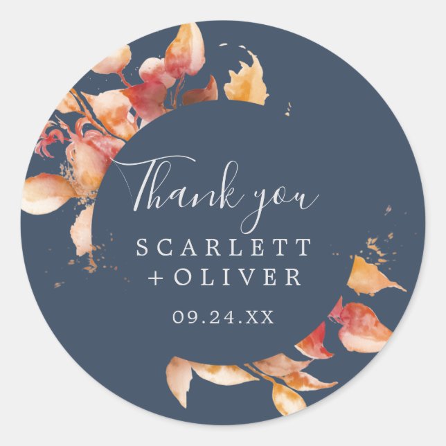 Fall Leaves | Navy Blue Thank You Favour Sticker (Front)