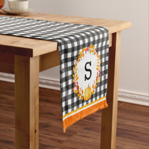 Fall Leaves On Black Gingham Personalized Short Table Runner