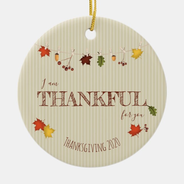 Fall Leaves on Clothesline Ceramic Ornament (Front)
