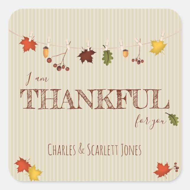 Fall Leaves on Clothesline Square Sticker (Front)