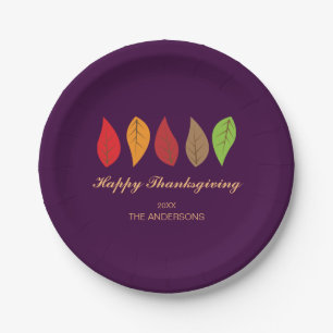 Fall Leaves on Purple, Thanksgiving Personalized Paper Plate