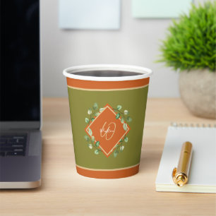 Fall Leaves Orange and Green Monogrammed Paper Cups