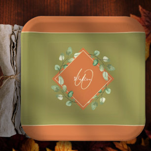 Fall Leaves Orange and Green Monogrammed Paper Plate