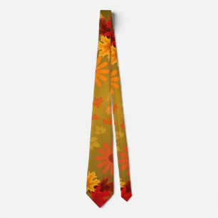 Fall Leaves & Orange Blooms Autumn Harvest Floral  Tie