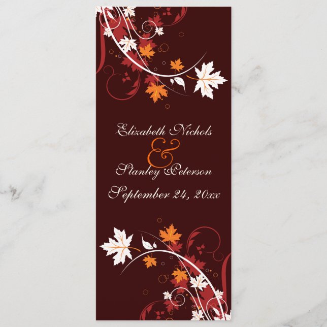 Fall leaves orange red white wedding program (Front)