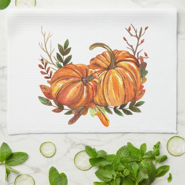 Fall Leaves Ornage Pumpkins Fancy Kitchen Towel (Folded)
