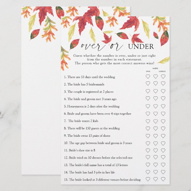Fall leaves - Over or under bridal shower game (Front/Back)