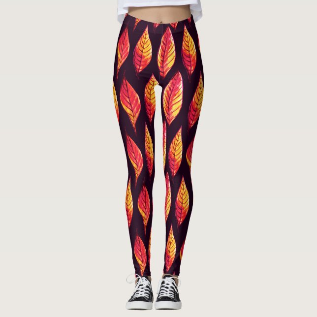 Fall Leaves Pattern In Dark Red And Yellow Leggings (Front)