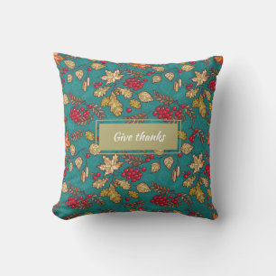 Fall Leaves Pattern on Turquoise Autumn Throw Pillow