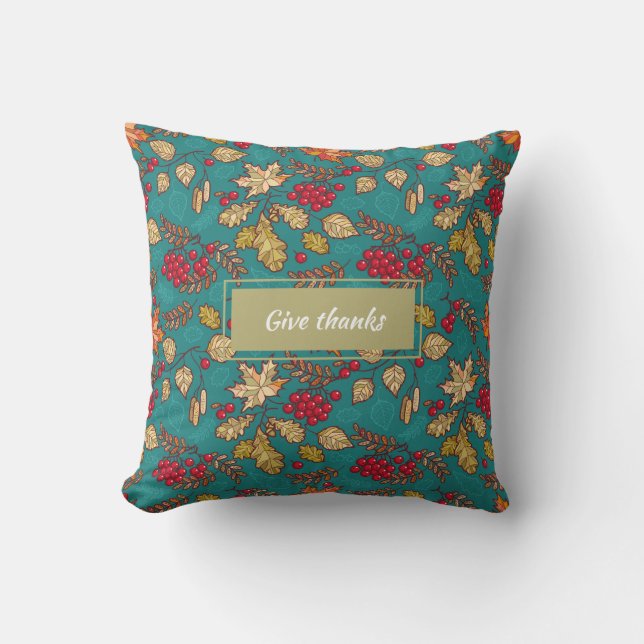 Fall Leaves Pattern on Turquoise Autumn Throw Pillow (Front)