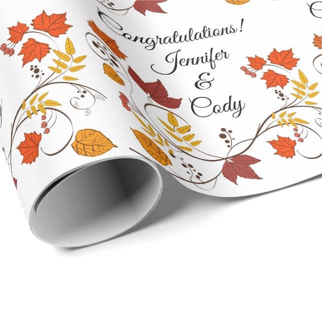 Fall Leaves Personalize  Names Wedding Gift Wrappi Wrapping Paper (Roll Corner)