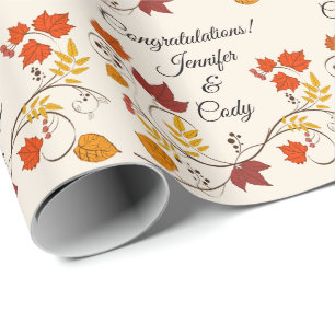 Fall Leaves Personalize  Names Wedding Gift Wrapping Paper