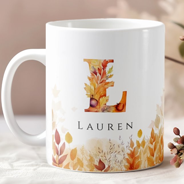 Fall Leaves Personalized Monogram Initial Letter L Coffee Mug (Creator Uploaded)