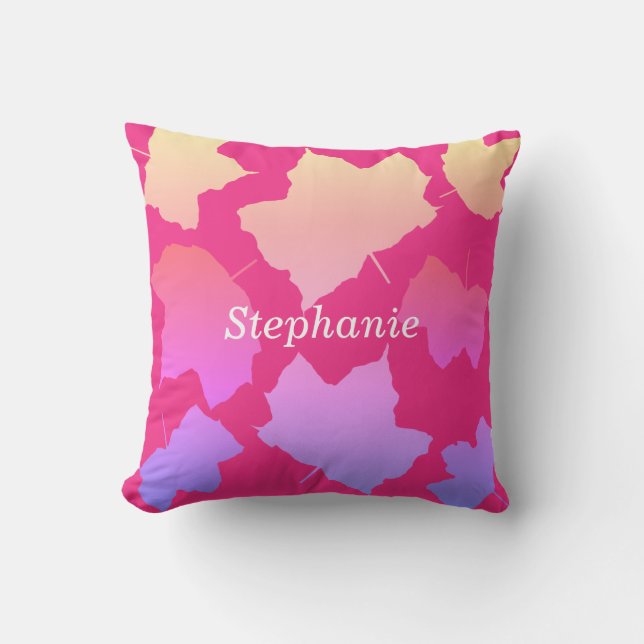 Fall Leaves Pink Ombre Name Template Cute Outdoor Pillow (Front)