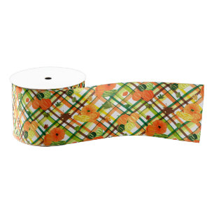 Fall Leaves Pumpkin Plaid Pattern Grosgrain Ribbon