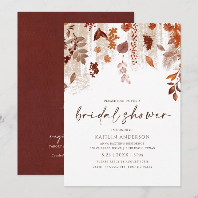 Fall Leaves Rust Brown Orange Bridal Shower Invitation (Front/Back)