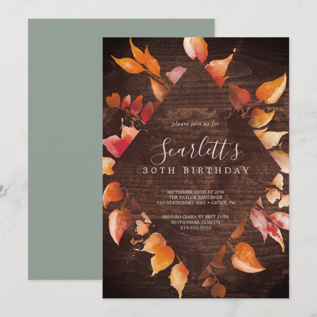 Fall Leaves | Rustic Brown Wood 30th Birthday Invitation (Front/Back)
