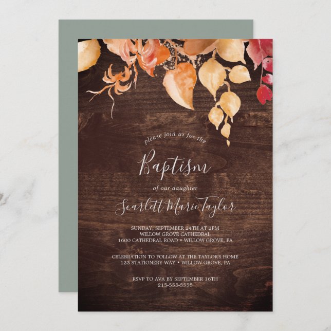 Fall Leaves | Rustic Brown Wood Baptism Invitation (Front/Back)