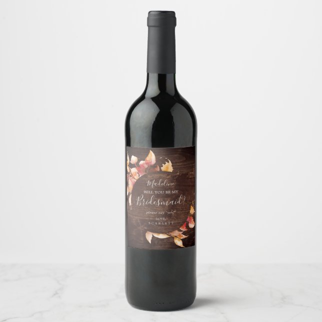 Fall Leaves Rustic Brown Wood Bridesmaid Proposal Wine Label (Front)